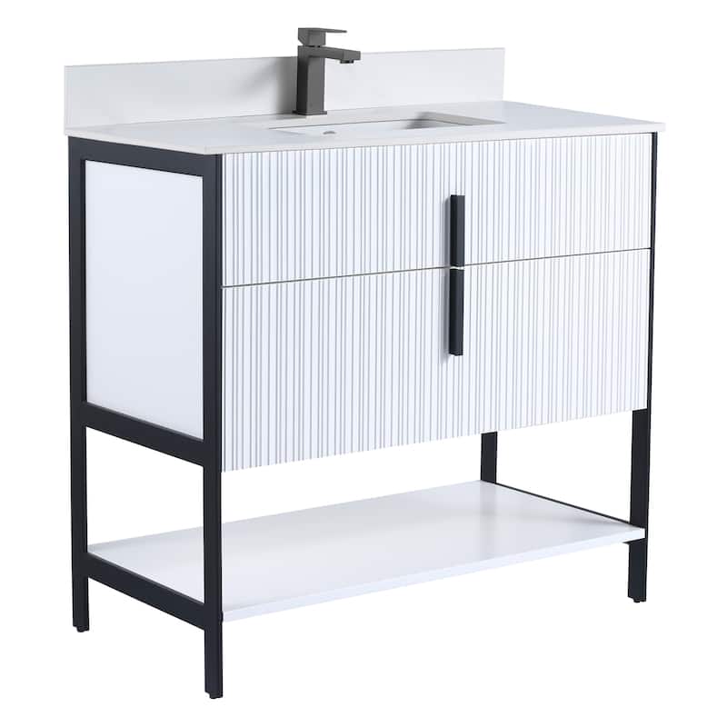 Fine Fixtures Serenity Modern Bathroom Vanity with White Stone Top - White Matte - Black Hardware - 36 inch