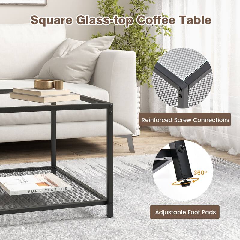 Tempered Glass and Black Metal 2-Tier Coffee Table with Mesh Shelf and 110 lbs Capacity - 27.5" x 27.5" x 18"