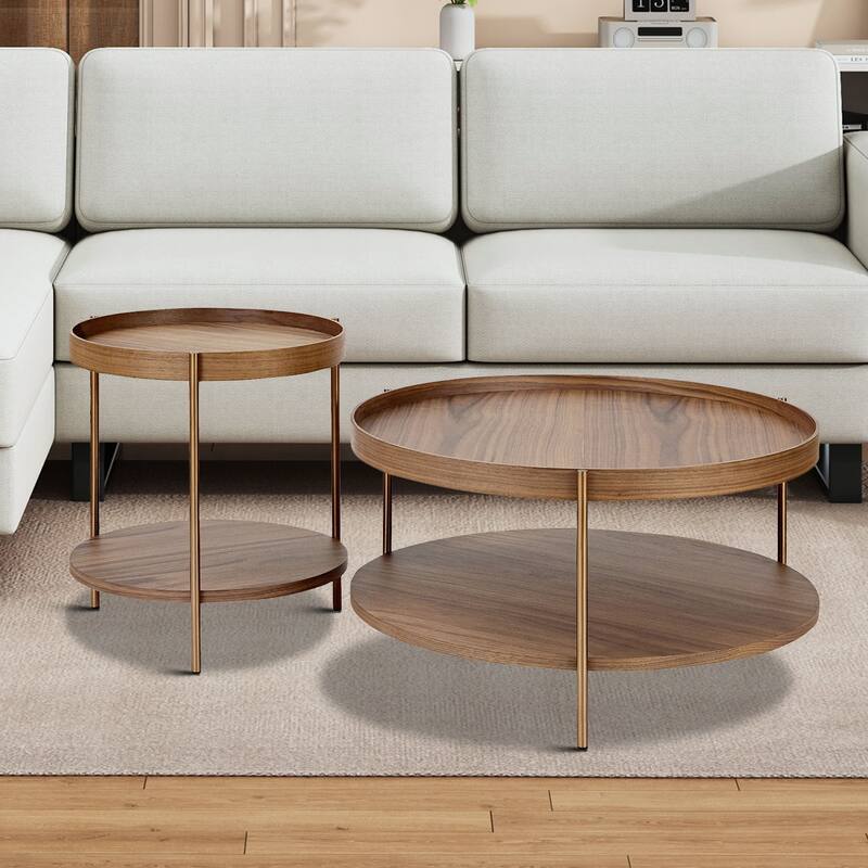 Classic Vintage 2 Piece Wooden Coffee Table Set with Metal Legs