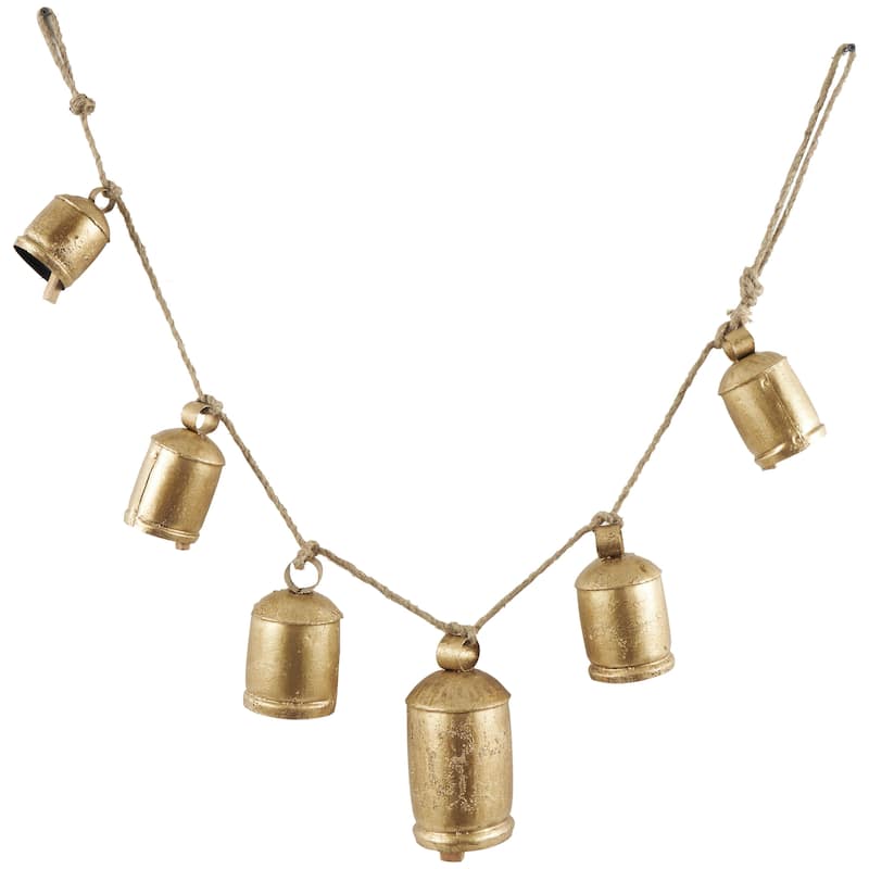 Metal Tibetan Inspired String Hanging Indoor Outdoor Decorative Cow Bells on Jute Hanging Rope - Gold - Roche River Decor