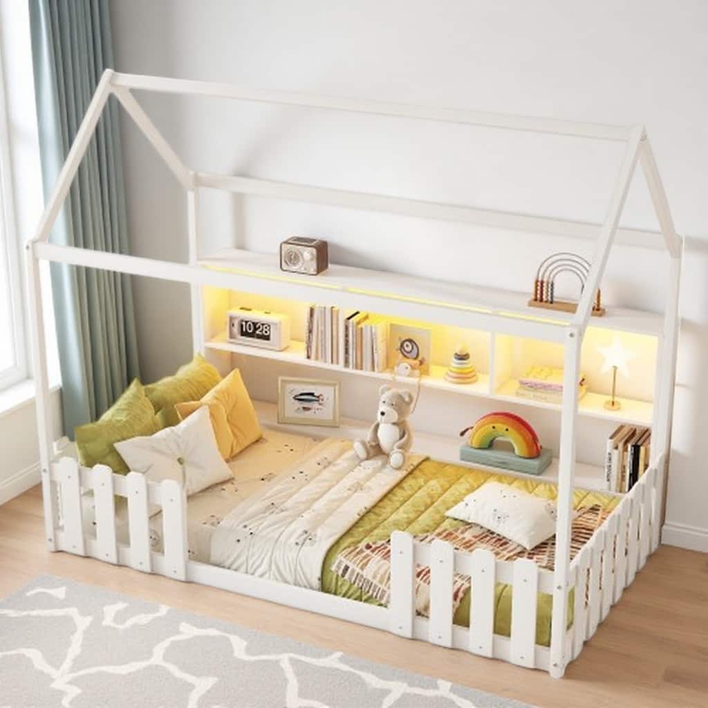 Twin Wooden House Bed with LED Light, Built-in Bookshelf & Safety Guardrails