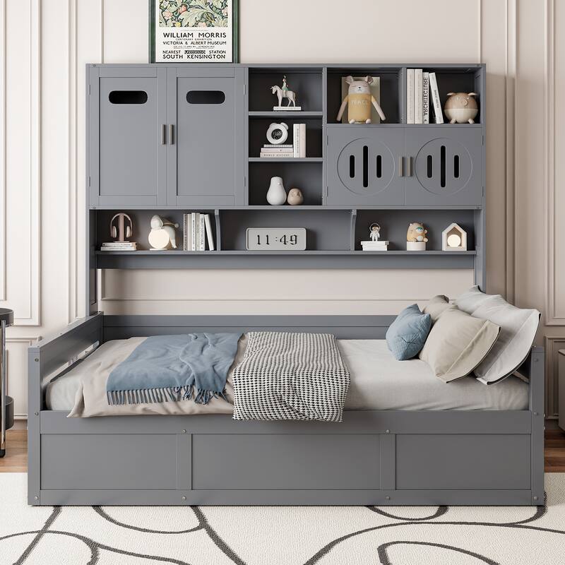 Wooden Daybed Storage Platform Bed with All-in-One Cabinet and Shelf, 10 Slats Multi-Functional Space-Optimizing Bed Frame