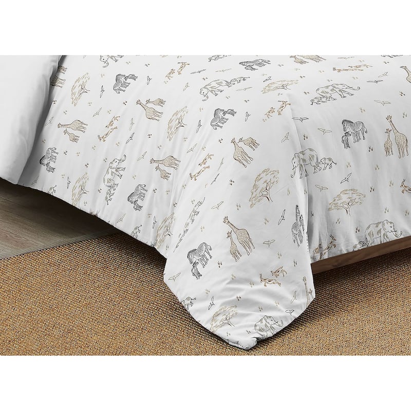 Jungle Safari Animal Full/Queen Comforter Set Taupe Black and White Gender Neutral Elephant Giraffe Wildlife Adventure Serengeti