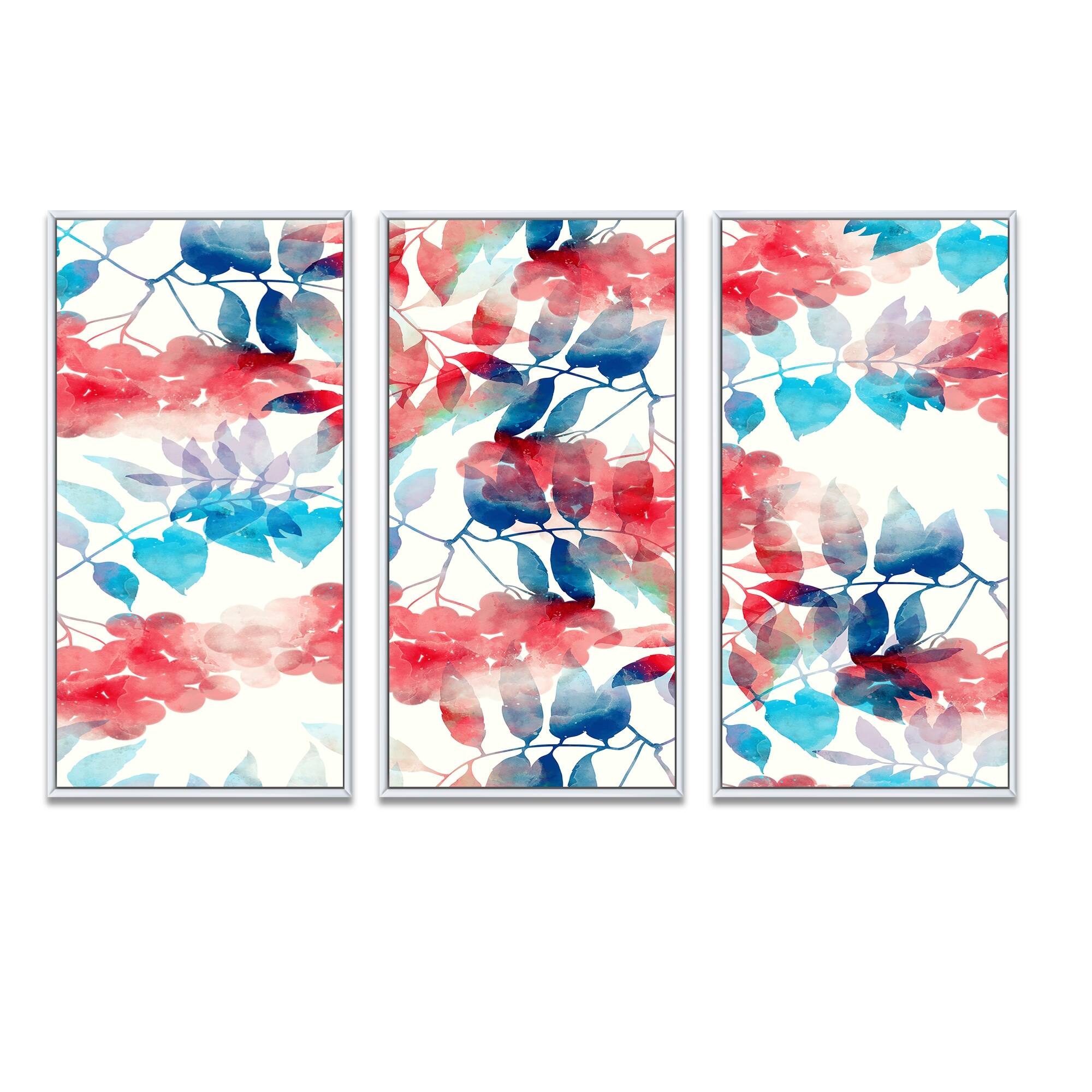 Designart "Red And Blue Leaves On Beige I" Patterned Framed Art Set of