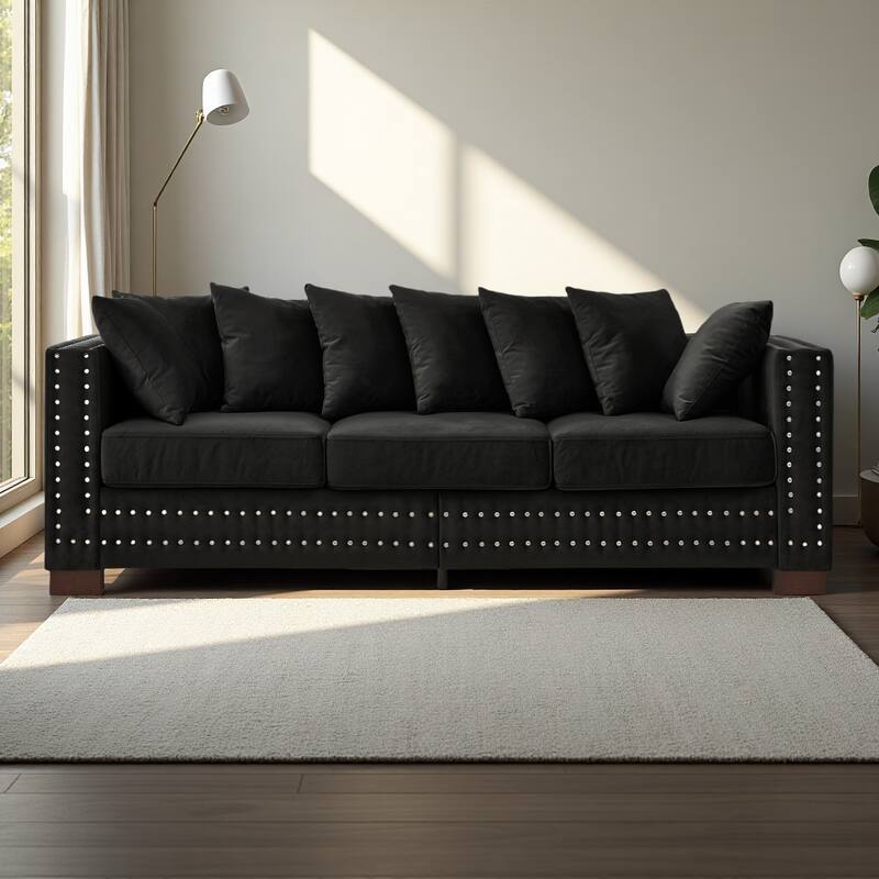 84.5" Velvet 3-Seater Sofa,Modern Square Arm Design with Silver Nailhead Trim and Under-Seat Storage - Black