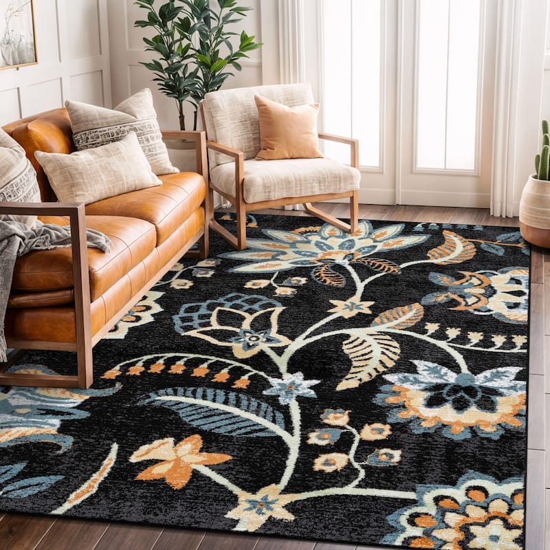 Beige Multi Floral Medallion Stylish and Durable Area Rug - Black - 5' x 7'