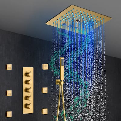 brushed gold 12 inch rain mist 64 LED lights bluetooth music 4 way thermostatc shower faucet - 7'6" x 10'9"