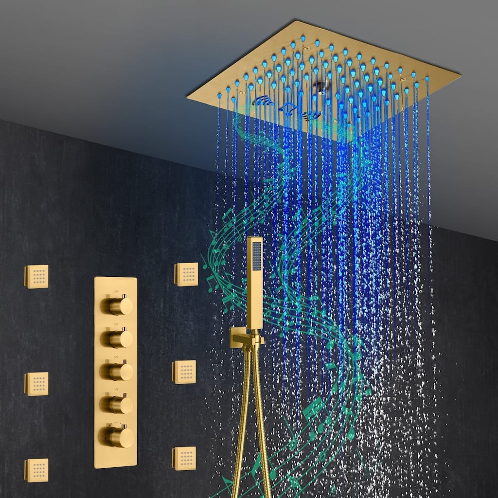 brushed gold 12 inch rain mist 64 LED lights bluetooth music 4 way thermostatc shower faucet - 7'6" x 10'9"