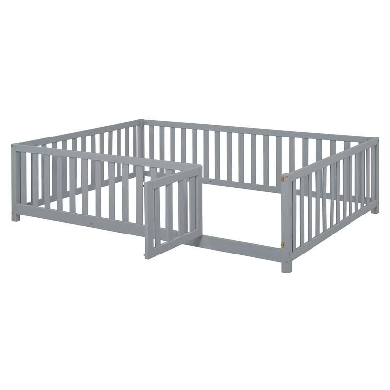 Pine Wood Daybed Floor Bed Frame with Fence Guardrails and 2 Drawers, Converts into Two Individual Beds, No Box Spring Needed