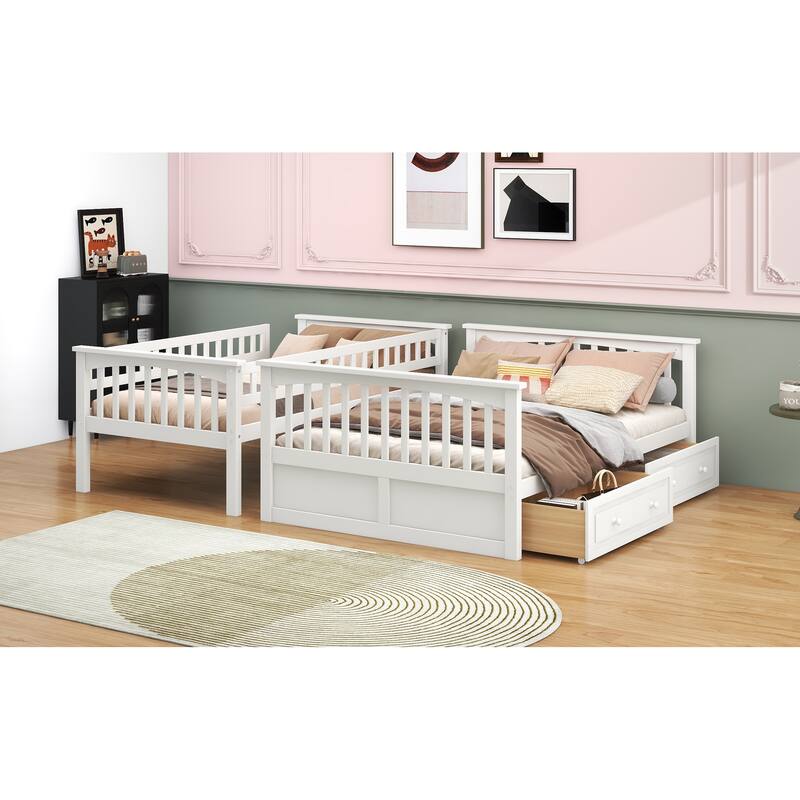 Wooden Storage Bunk Bed Frame with Fence-shaped Guardrails and Pull-out Drawers, Convertible 2 Platform Beds, Detachable Design
