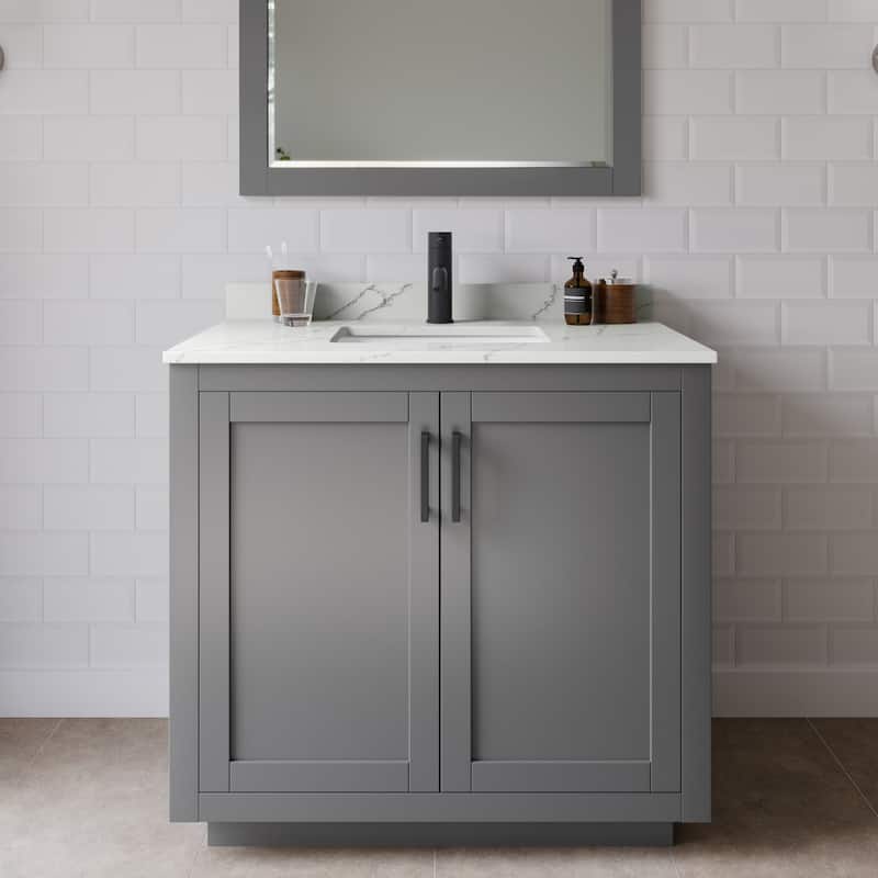 Wyndham Collection WCF292936S-QTZ-UNSM34 Miranda 36" Free Standing - Dark Gray / Giotto Quartz Top / Matte Black