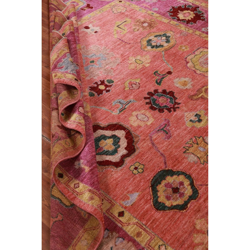 Hand Knotted Oriental 100% Wool Carpet Transitional All-Over Coral Oushak Area Rug - 9' 8'' X 8' 2''