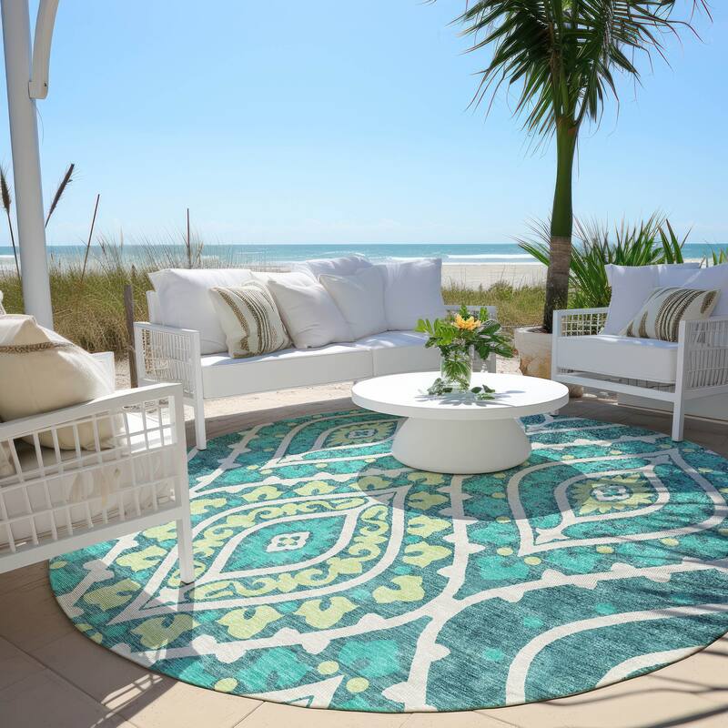 Machine Washable Indoor/ Outdoor Chantille Ttransitional Medallion Rug - Teal - 8' x 8'