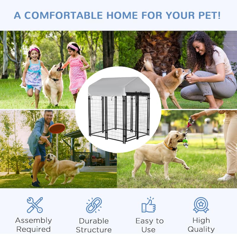 Pawhut Large Outdoor Dog Kennel Galvanized Steel Fence with UV-Resistant Oxford Cloth Roof & Secure Lock