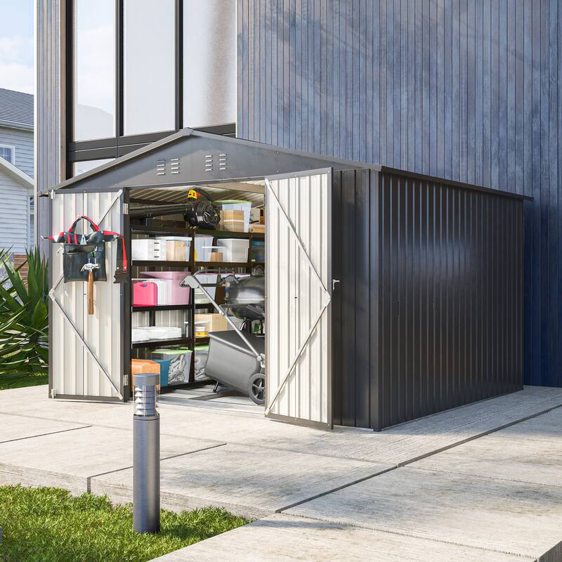 GDFStudio - Genevieve 10X8 FT Outdoor Metal Storage Shed with Lockable Doors for Garden and Backyard Organization - 10X8 FT - Black - 10X8 FT