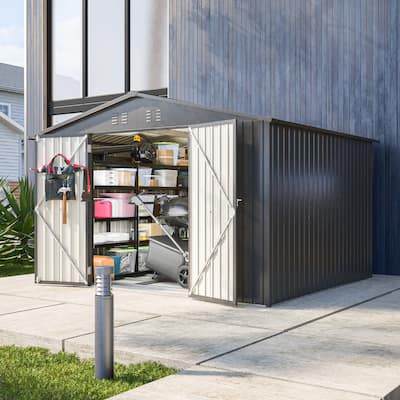 GDFStudio - Genevieve 10X8 FT Outdoor Metal Storage Shed with Lockable Doors for Garden and Backyard Organization - 10X8 FT