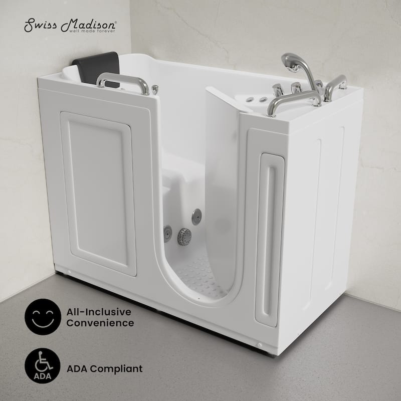 Auvergne 53" X 27" Ada Right Drain Walk-In Soaking Bathtub In White with Faucet Set, Drain, Grab Bars, Pillow - 53