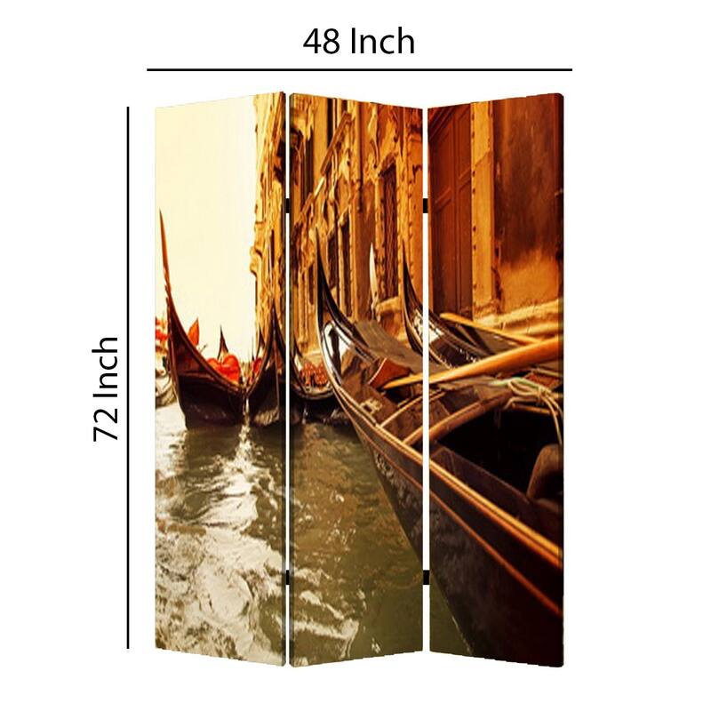 Venice Street Printed Foldable Screen with 3 Panels, Brown