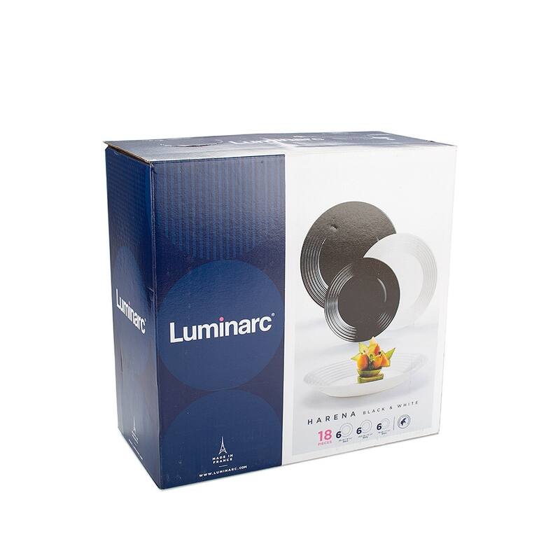 Luminarc Harena 18 Piece. Glass Black & White Dinnerware Set for 6