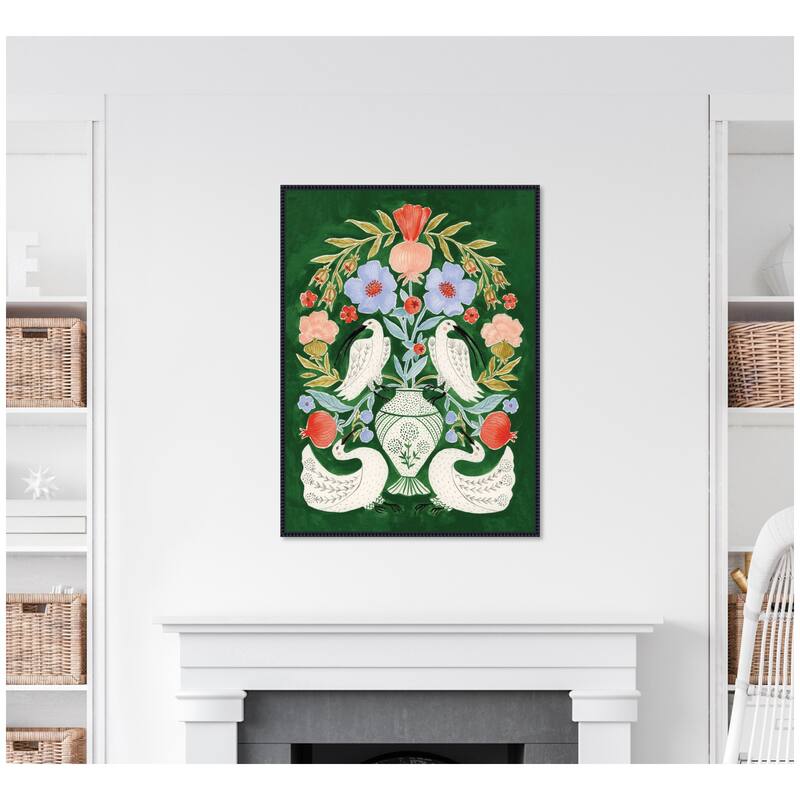 Kate and Laurel Floral Folklore Ibises and Swan by Jill Labieniec Framed Canvas Wall Art Print
