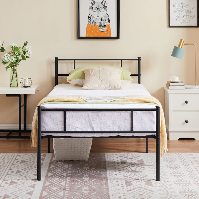 Metal Bed Frame with Headboard and Footboard, No Box Spring Needed - Black - Twin