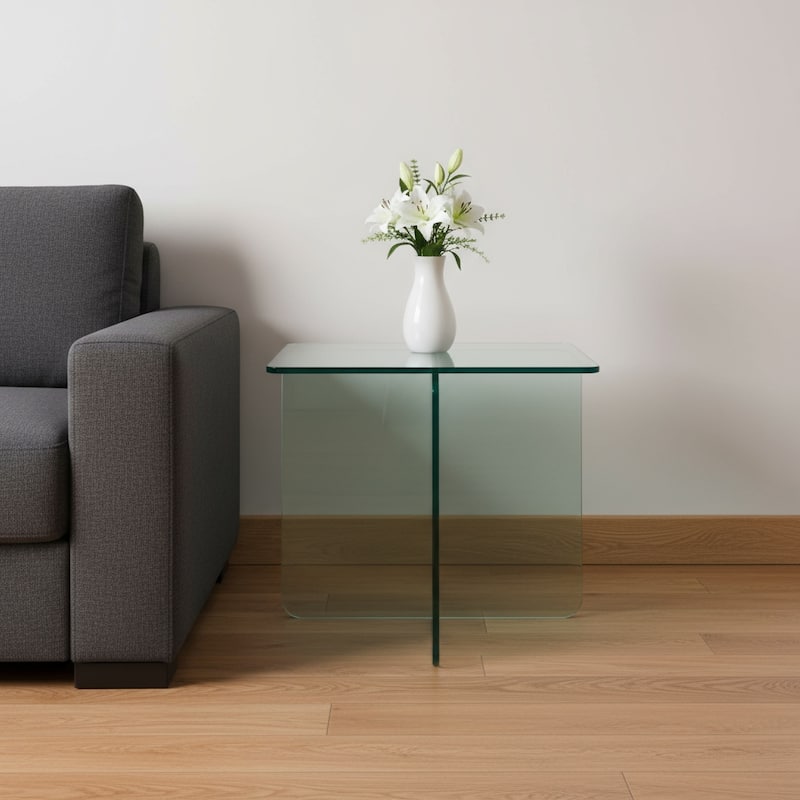HomeRoots 16" Clear Glass Square Cross Legs End Table - 17.70 in. x 16.10 in. x 17.70 in. - Clear - Glass