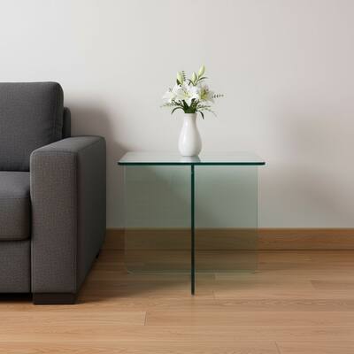 HomeRoots 16" Clear Glass Square Cross Legs End Table - 17.70 in. x 16.10 in. x 17.70 in.