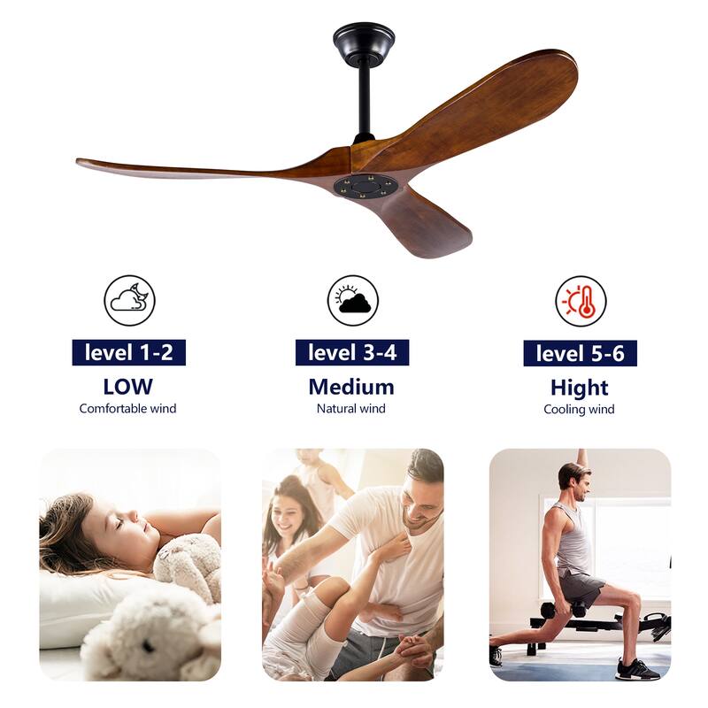 52 Inch Ceiling Fans Without Lights,Solid Wood Ceiling Fan with Remote Control and DC Motor,Ceiling Fan no Light with 3 Blades