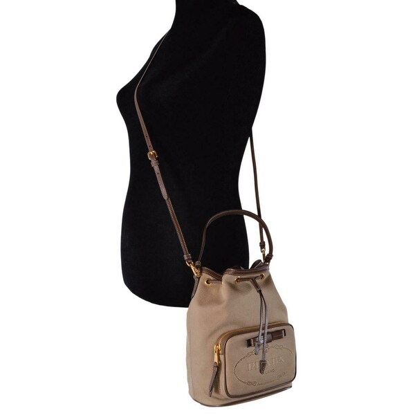 prada logo jacquard bucket bag