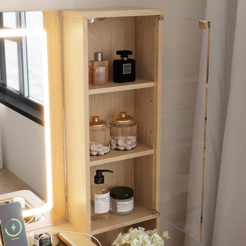 Roomfitters 43.5" Makeup Vanity with LED Lighted Mirror, Fluted Ribbed Drawers, Charging Station, 9 Drawers and Stool, Oak