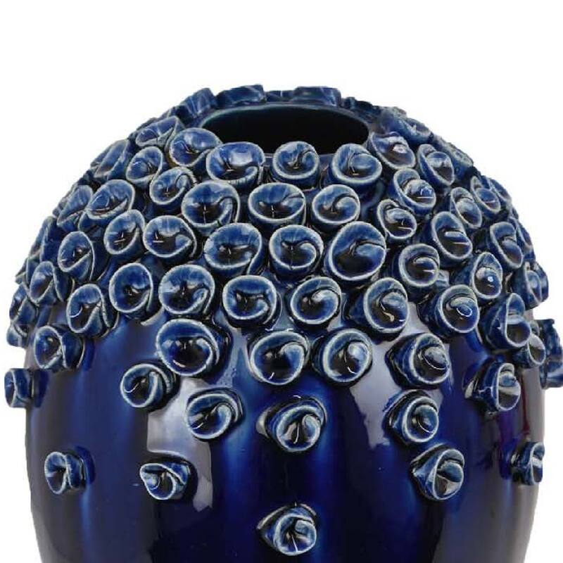 Decorative Vase, Glossy Deep Blue Ceramic, Coral Design, 15 Inch
