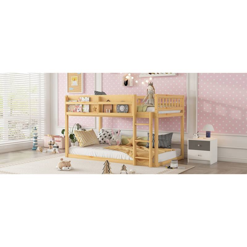 Roomfitters Twin Over Twin Bunk Bed, Low Floor Loft Platform Bed and Shelf with Wooden Frame for Bedroom