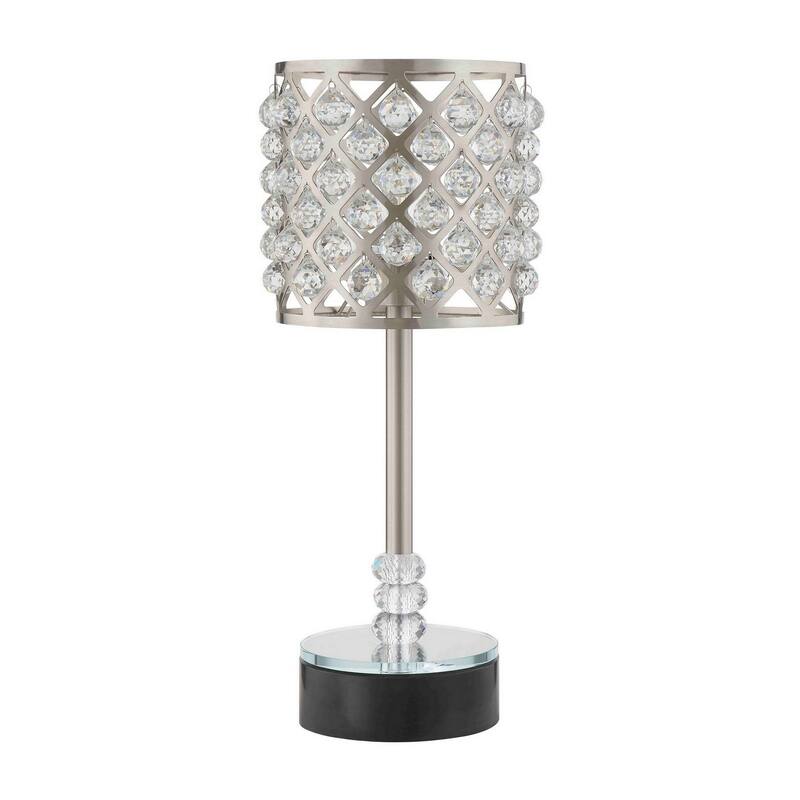 Dany 24 Inch Table Lamp with Crystal Drum Shade, Metal, Brushed Nickel - Chrome, Black