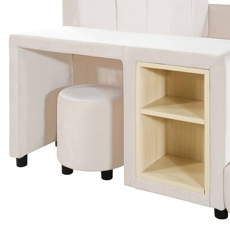 Full Size Upholstered Grounded Bed, Mother & Child Bed with Bedside Desk and Little Round Stool