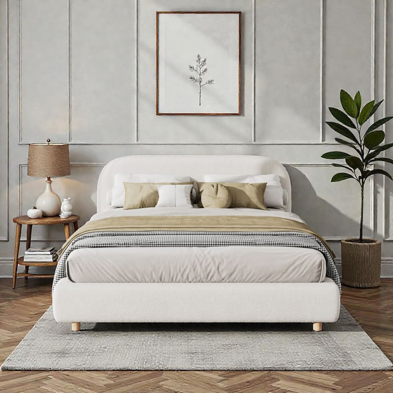 Upholstered Platform Bed with Curved Thick Headboard and Solid Wood Legs, Modern Fabric Bed Frame No Box Spring