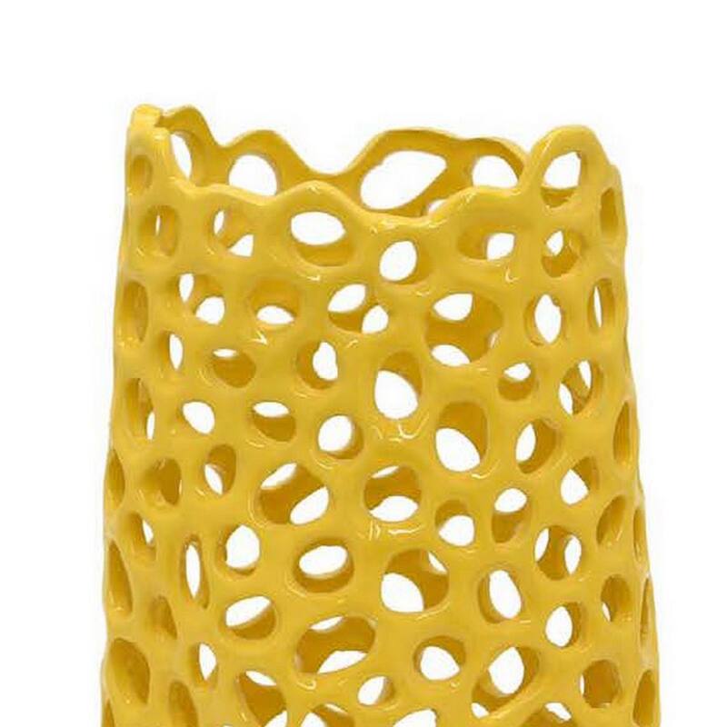 Kifa Flower Vase, Modern Cutout Textured Look, 15 Inch Yellow Ceramic