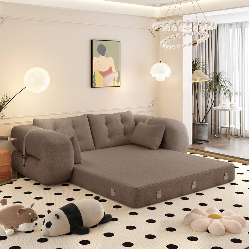 78.7" Foldable Sofa Bed, Teddy Fabric Convertible Floor Sofa Couch with Pillow, Upholstered Loveseat Sleeper Bed for Living Room