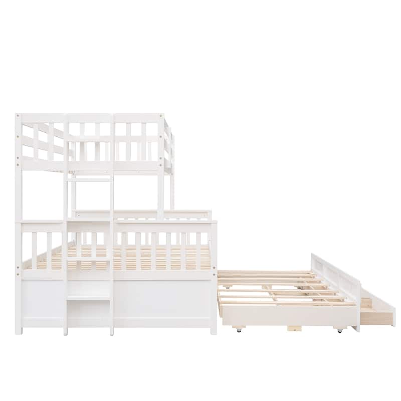 Twin-Over-Full Bunk Bed with Trundle and 3 Drawers, Playhouse-Inspired Design