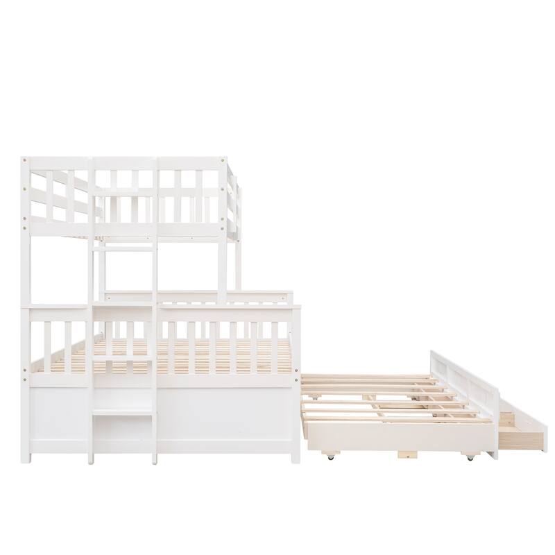 Twin-Over-Full Bunk Bed with Twin Trundle, Space-Saving Design with Drawers, White