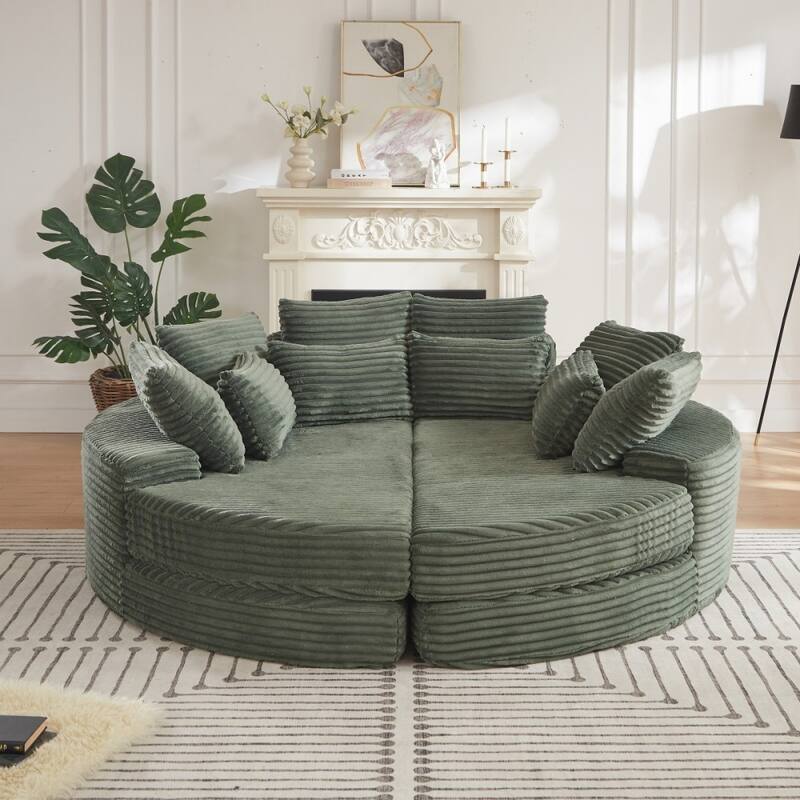78.5" Corduroy Round Oversized 2-In-1 Sofa Bed, Neck Pillow Design With Four Throw Pillows