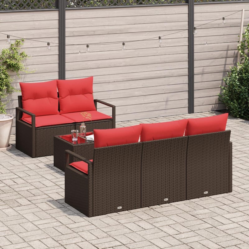 vidaXL 6 Garden Sofa Set with Cushions Black/Brown/Grey Poly Rattan - 68.9 x 24.4 x 27.2