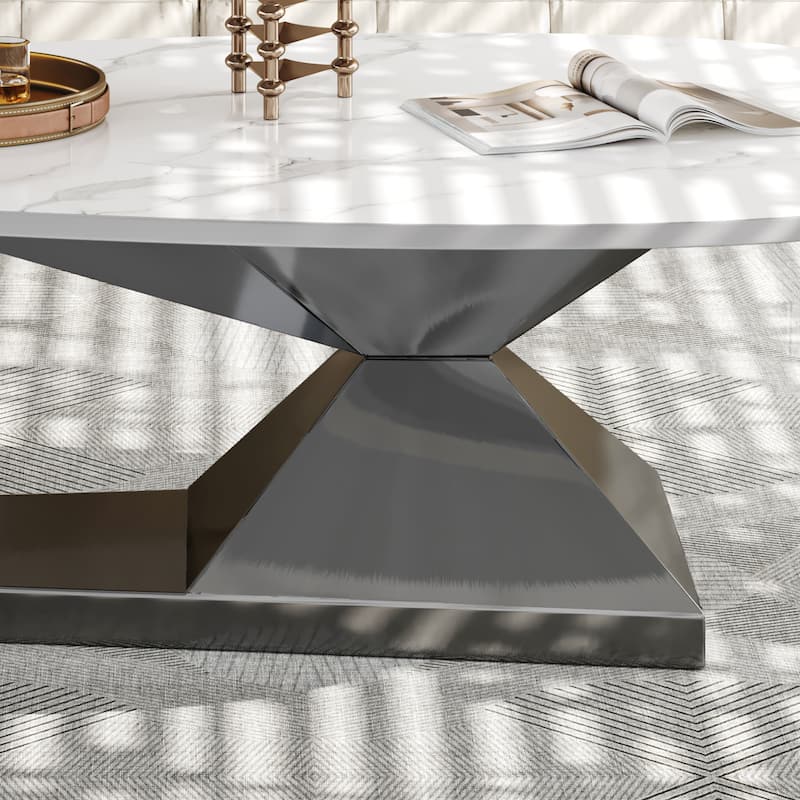 GDFStudio - Contemporary 51.2" Oval Sintered Stone Coffee Table with Sculptural Stainless Steel Base
