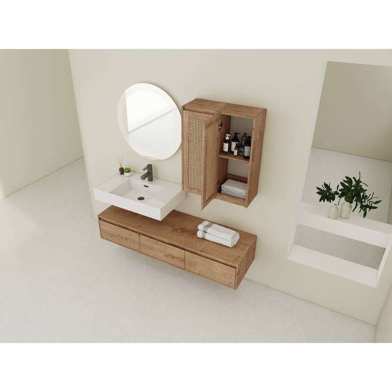 60 inch Wall-Mounted Bathroom Vanity with Resin Sink and 2-Side Cabinet, 3-Soft Close Drawer, Float Mounting Design