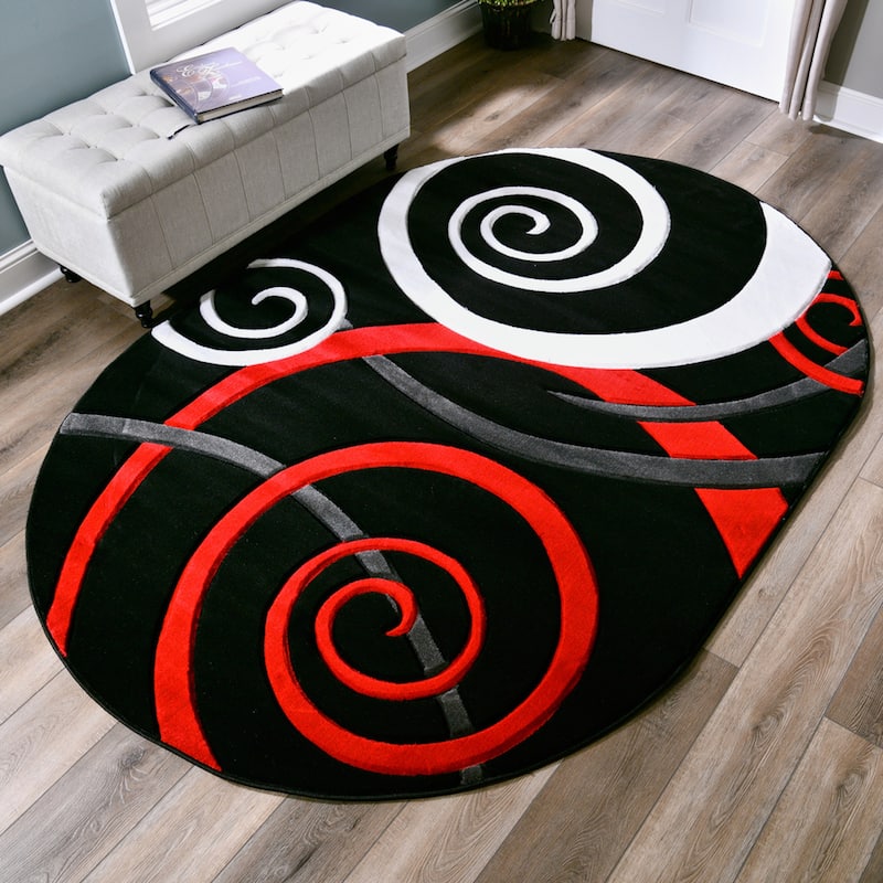 Orelsi Collection Swirl Area Rug - 5'2" x 7'5" Oval - Black/Red