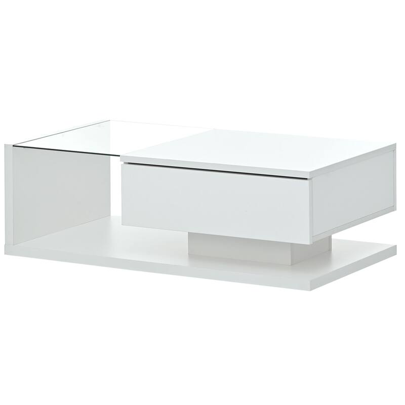 Modern Coffee Table w/ Tempered Glass Tabletop, Cocktail Table w/ High-gloss UV Surface, Modernist 2-Tier Rectangle Center Table
