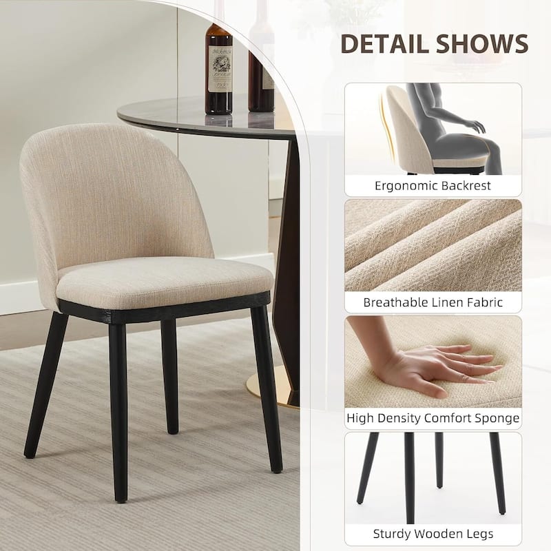 Set of 2 Linen Fabric Upholstered Kitchen Dining Chairs for Kitchen Restaurant