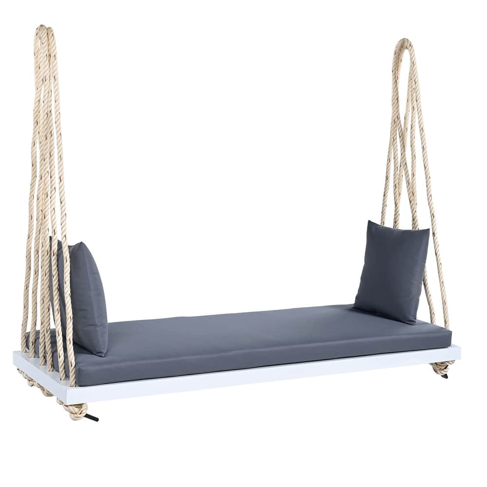 Patio Wooden Swing Chair, Hanging Porch Swing Bench with Cushion&Pillows, 10.8Ft Hemp Ropes for Garden,Backyard, Lawn