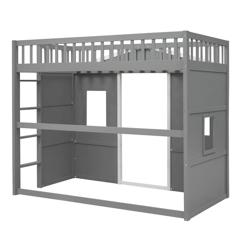 Gray/White Castle Style Solid Pine Wood Loft Bed with Ladder and Guard Rails