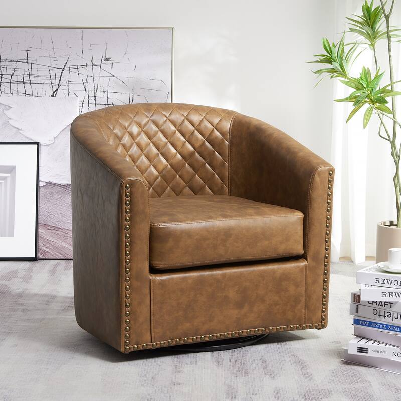 KINWELL 29" Wide Tufted PU Leather Swivel Barrel Chair