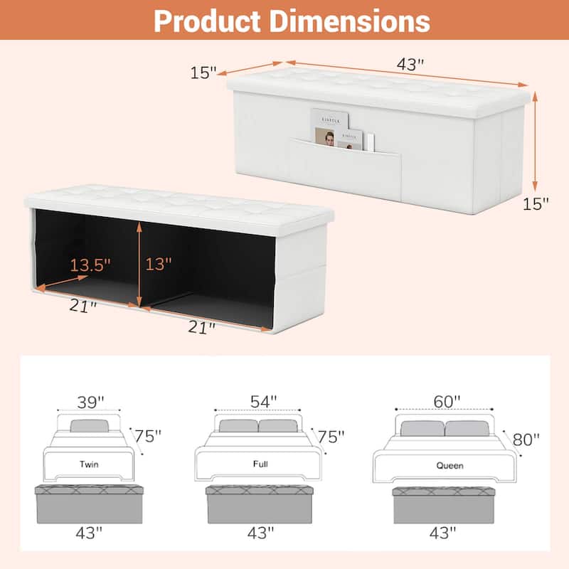 Costway 43 Inches Folding Storage Ottoman Bench with Side Pocket